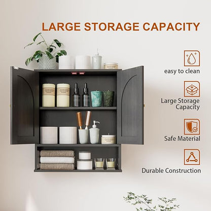 Medicine Cabinet, Over Toilet Storage Cabinet, Bathroom Wall Cabinet with Arched Doors & Adjustable Shelves, Wall Mounted Cabinet with Open Shelf for Bathroom Over Toilet Restroom, Black