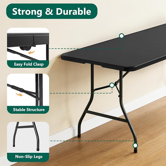 Folding Table, 6FT Foldable Picnic Table with Carrying Handle, Heavy Duty Fold-in-Half Portable Table for Weddings, Camping, RV Travel, Parties, BBQs, and Indoor Use, Easy to Fold and Store, Black