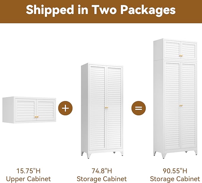 Polup Kitchen Pantry Cabinet, 90" Tall Metal Storage Cabinet, Food Pantry cabinets with Doors and Shelves, Steel Cabinets for Living Room, Dining, White,16" D x 32" W x 90" H, Assembly Required