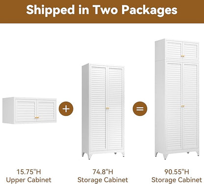 Polup Kitchen Pantry Cabinet, 90" Tall Metal Storage Cabinet, Food Pantry cabinets with Doors and Shelves, Steel Cabinets for Living Room, Dining, White,16" D x 32" W x 90" H, Assembly Required