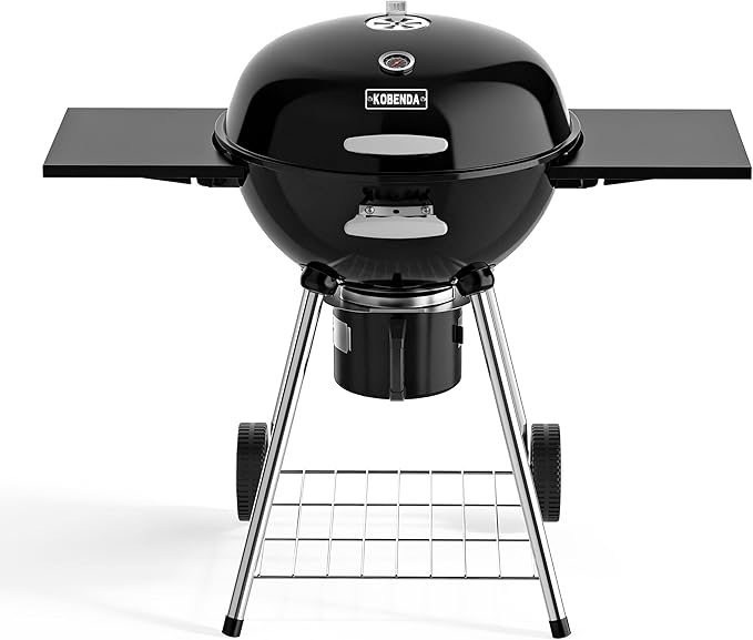 Kettle Charcoal Grill with Porcelain-Enameled Lid & Ash Cup, Adjustable Vents, Foldable Side Table for Outdoor Barbecue, Patio and Picnics, Black