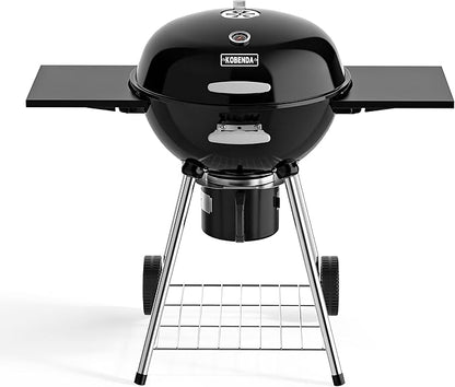 Kettle Charcoal Grill with Porcelain-Enameled Lid & Ash Cup, Adjustable Vents, Foldable Side Table for Outdoor Barbecue, Patio and Picnics, Black