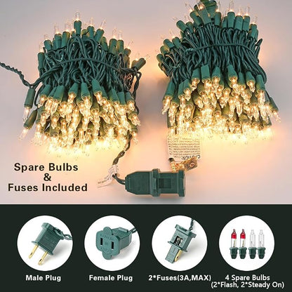BrizLabs Steady & Twinkle Christmas Lights 100-ct Clear Mini Light String | Connectable; UL Certified; Incandescent String Lights Plugin,Warm White Lights Green Wire for Indoor Outdoor Holiday Tree