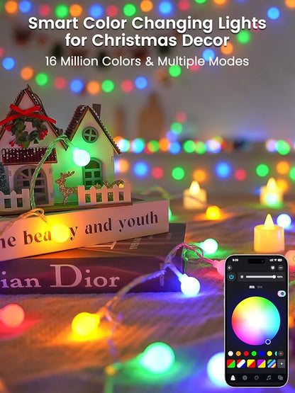 46ft Smart Color Changing Red White and Blue String Lights Outdoor Indoor | 100LED 4th of July Decorations App Control with Remote, Globe Patriotic American Flag Lights for Independence Memorial Day