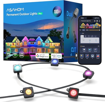 ASAHOM Permanent Outdoor Lights Pro S108B, 100FT with 72 RGBCW LEDs, Black | Up to 70lm, WLED Integrated, 30,000 Dynamic Effects, AI Lighting, Dual Output, for Outdoor Holiday Decor and Daily Lighting