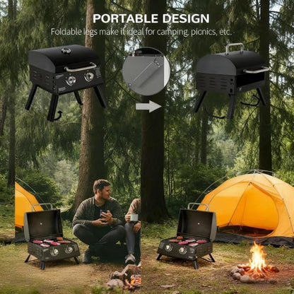 Outdoor Grills & Smokers: Portable Camping Charcoal Grill Cooking Barbecue with Thermometer, Side Shelves, and Ash Pan for Backyard BBQ,A1