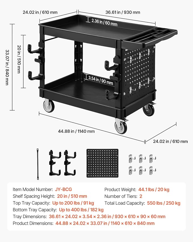 VEVOR Utility Cart with Tray & Pegboard, 44.8 x 24in 2 Tier Service Cart with 360° Swivel & Fixed Wheels (2 Brakes), 550 LBS Work Cart Tub Storage W/Deep Shelves, Tool Storage for Garage Warehouse