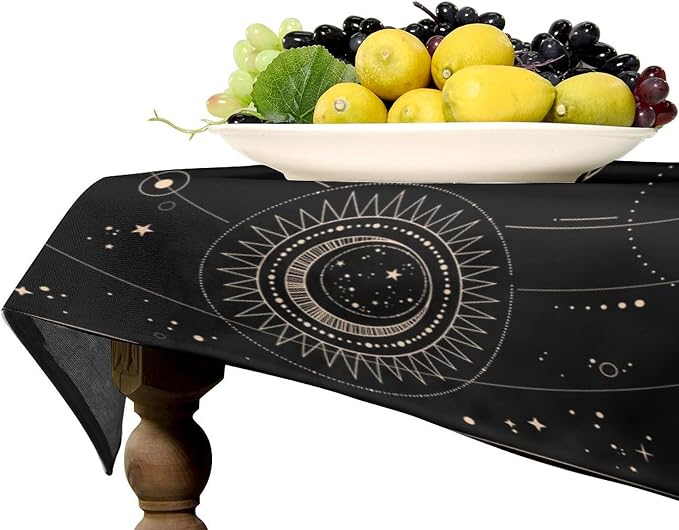 Vintage Tarot Moon Tablecloth Boho Mystical Crescent Cosmic Zodiac Star Galaxy Space Table Cloth Water Resistant Wipeable Table Cover for Picnic Party Holiday Kitchen Dinner Table 55"x55"