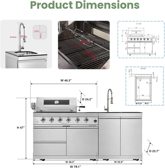 79" Modular Outdoor Kitchen with 4 Burners 72,000 BTU Natural Gas Grill,Rotisserie Oven,Side Burner,Sink & Marble Countertop.Gas Grill for Backyard and Patio.(Natural Gas)