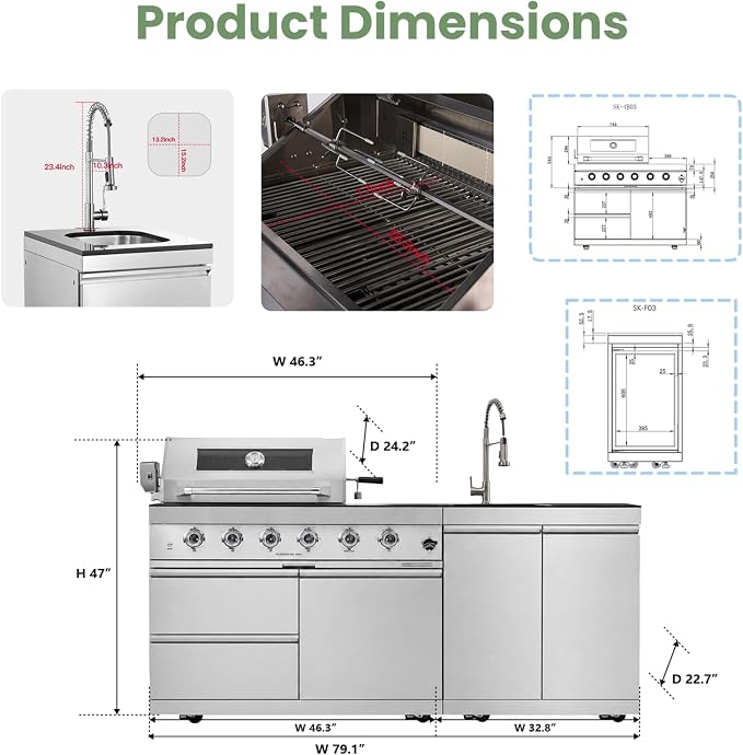 79" Modular Outdoor Kitchen with 4 Burners 72,000 BTU Propane Grill,Rotisserie Oven,Side Burner,Sink & Marble Countertop.Gas Grill for Backyard and Patio.(Propane)