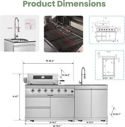 79" Modular Outdoor Kitchen with 4 Burners 72,000 BTU Propane Grill,Rotisserie Oven,Side Burner,Sink & Marble Countertop.Gas Grill for Backyard and Patio.(Propane)