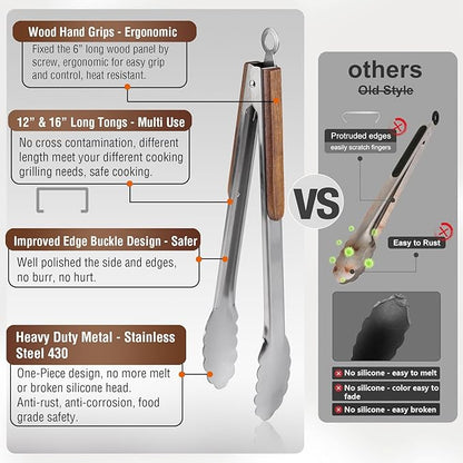 16" & 12" Heavy Duty Stainless Steel Grill Tongs with Locking Mechanism & Heat-Resistant Wooden Handle - 2-Pack BBQ Tongs for Grilling, Barbecue, Kitchen Cooking Accessories