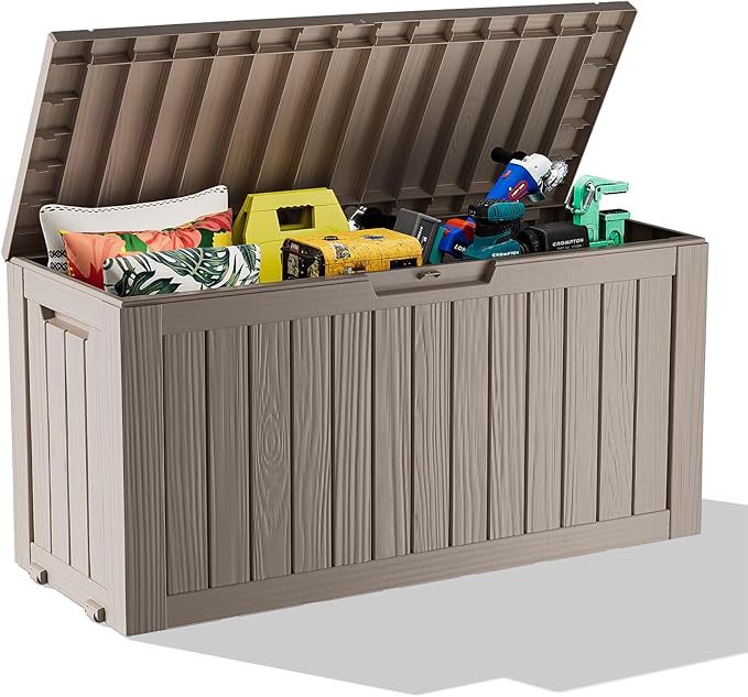 PatioZen 75 Gallon Large Deck Box,Resin Outdoor Storage Box with Lockable for Patio Furniture, Pool Accessories, Garden Tools Waterproof Outside Storage Box, Grey