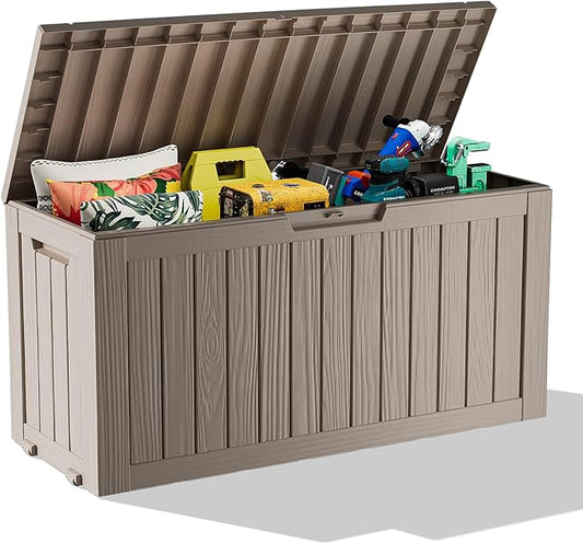 PatioZen 75 Gallon Large Deck Box,Resin Outdoor Storage Box with Lockable for Patio Furniture, Pool Accessories, Garden Tools Waterproof Outside Storage Box, Grey