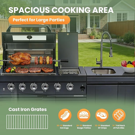 79" Rolling Outdoor Kitchen Island with Built-In 4-Burner 72,000 BTU Stainless Steel Propane Grill & Rotisserie Oven, Featuring Granite Countertops and Stainless Steel Sink.(Black + Sink, Propane Gas)