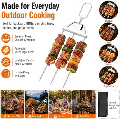 3 Prong BBQ Skewers for Grilling, 14.7 Inch Stainless Steel Kabob Skewers with Push Slider Bar, Reusable Metal Grill Skewers for Meat,Vegetables, Outdoor Barbecue Accessories (2 Fork + 1 Bag+1 Brush)