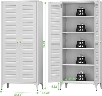 63.6" White Metal Pantry Storage Cabinet, Farmhouse Kitchen Cupboard with 3 Adjustable Shelves, Magnetic Closure, Anti-Tip Kit & Raised Legs for Kitchen, Living Room, Assembly Required
