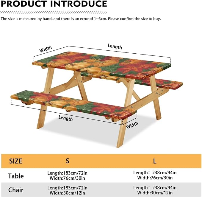 Thanksgiving Elastic Fitted Table Cloth for Camping Party Supplies 3 PCS Set Classic Pumpkin Maple Leaf Outdoor Picnic Table Cover with Bench Covers