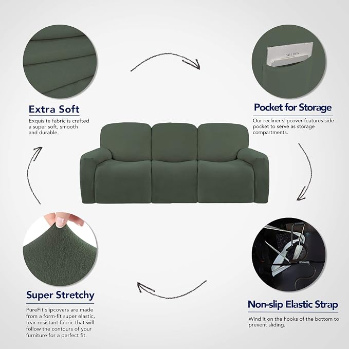 PureFit Super Stretch 3 Seats Recliner Sofa Couch Cover with Pocket | Non Slip Soft Sofa Slipcover, Washable Spandex Reclining Furniture Protector for Kids, Pets (Recliner Sofa, Grayish Green)