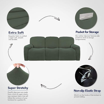 PureFit Super Stretch 3 Seats Recliner Sofa Couch Cover with Pocket | Non Slip Soft Sofa Slipcover, Washable Spandex Reclining Furniture Protector for Kids, Pets (Recliner Sofa, Grayish Green)