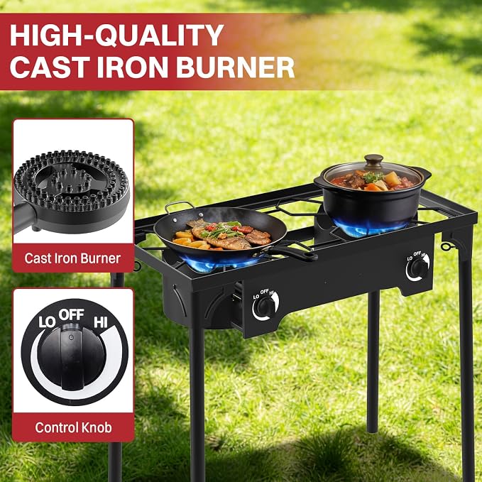 2 Burner Propane Camp Stove | 150,000 BTU | High Pressure Gas Burners | CSA Certified | Waterproof Cover | Detachable Legs | Ideal for Camping Tailgating Backyard Outdoor Cooking