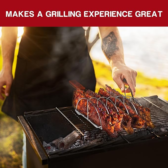 BBQ Rib Rack for Smoking - Heavy Duty 16" Non-Stick Grill Rib Rack | 5-Slot Stainless Steel Smoker Rack for Ribs | Perfect for Grills, Smokers & Ovens | Easy to Clean Dishwasher Safe Roasting Rack