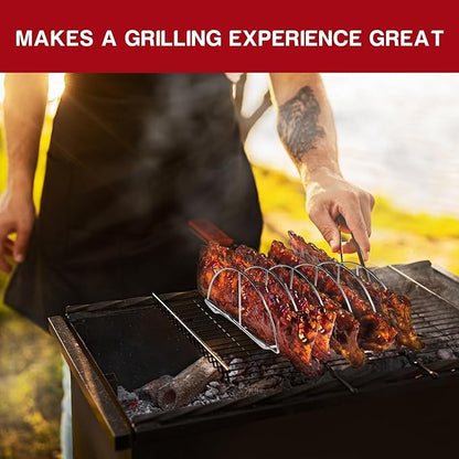 BBQ Rib Rack for Smoking - Heavy Duty 16" Non-Stick Grill Rib Rack | 5-Slot Stainless Steel Smoker Rack for Ribs | Perfect for Grills, Smokers & Ovens | Easy to Clean Dishwasher Safe Roasting Rack
