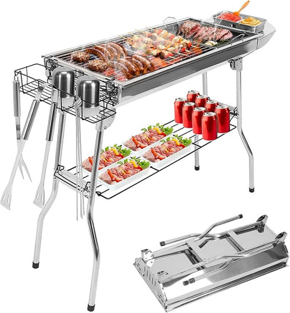 KOCASO Portable Charcoal Grill with Large BBQ Area, Stainless Steel Grill - Non-Stick Frying Pan and Active Air Vent Design - Ideal for Outdoor Adventures, Picnics, and Gatherings