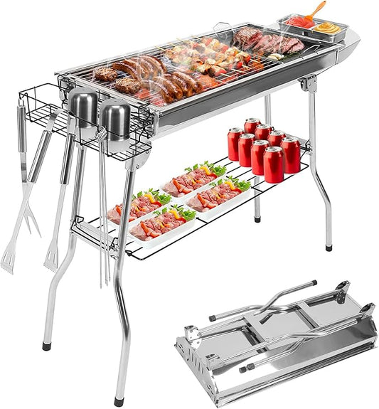 KOCASO Portable Charcoal Grill with Large BBQ Area, Stainless Steel Grill - Non-Stick Frying Pan and Active Air Vent Design - Ideal for Outdoor Adventures, Picnics, and Gatherings