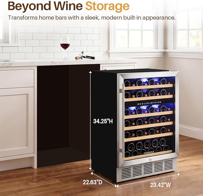 24 Inch Wine Fridge Dual Zone Wine Cooler Holds 46 Bottles, Temperature Control, Built-In or Freestanding Under Counter Wine Refrigerator with Glass Door for Kitchen, Home Bar