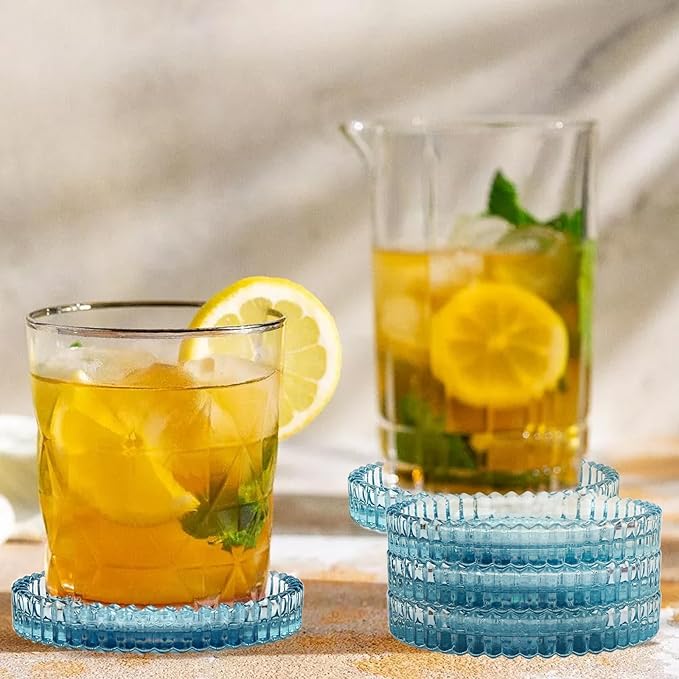 Modern Clear Coaster Set of 8- Glass Coasters for Drinks Crystal Coasters Round Cup Coaster Coffee Table Decor for Office, Kitchen, Bar, Dining Room, Living Room, Patio(Clear Blue)