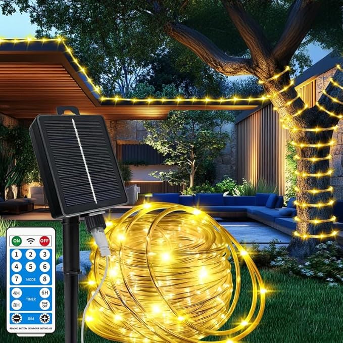 LairtPOW Solar Rope Lights with Remote,72FT 200LEDs Outdoor Solar Strip Lights,IP67 Waterproof USB Charging Solar String Lights, Timing & 8 Modes Outdoor Fairy Light for Garden Patio Tree (Warm White)