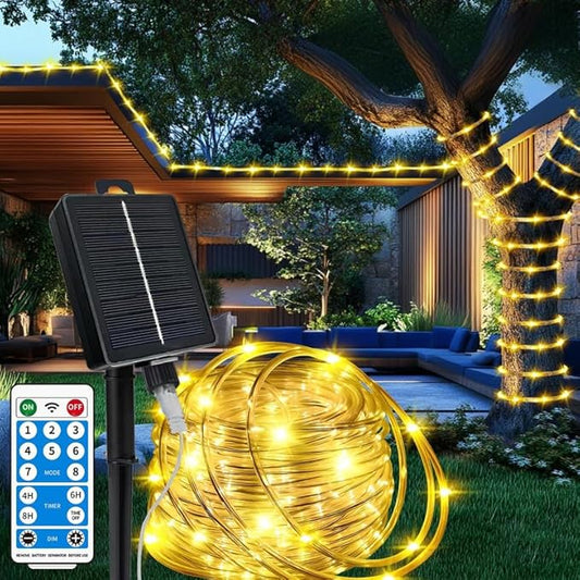 LairtPOW Solar Rope Lights with Remote,72FT 200LEDs Outdoor Solar Strip Lights,IP67 Waterproof USB Charging Solar String Lights, Timing & 8 Modes Outdoor Fairy Light for Garden Patio Tree (Warm White)