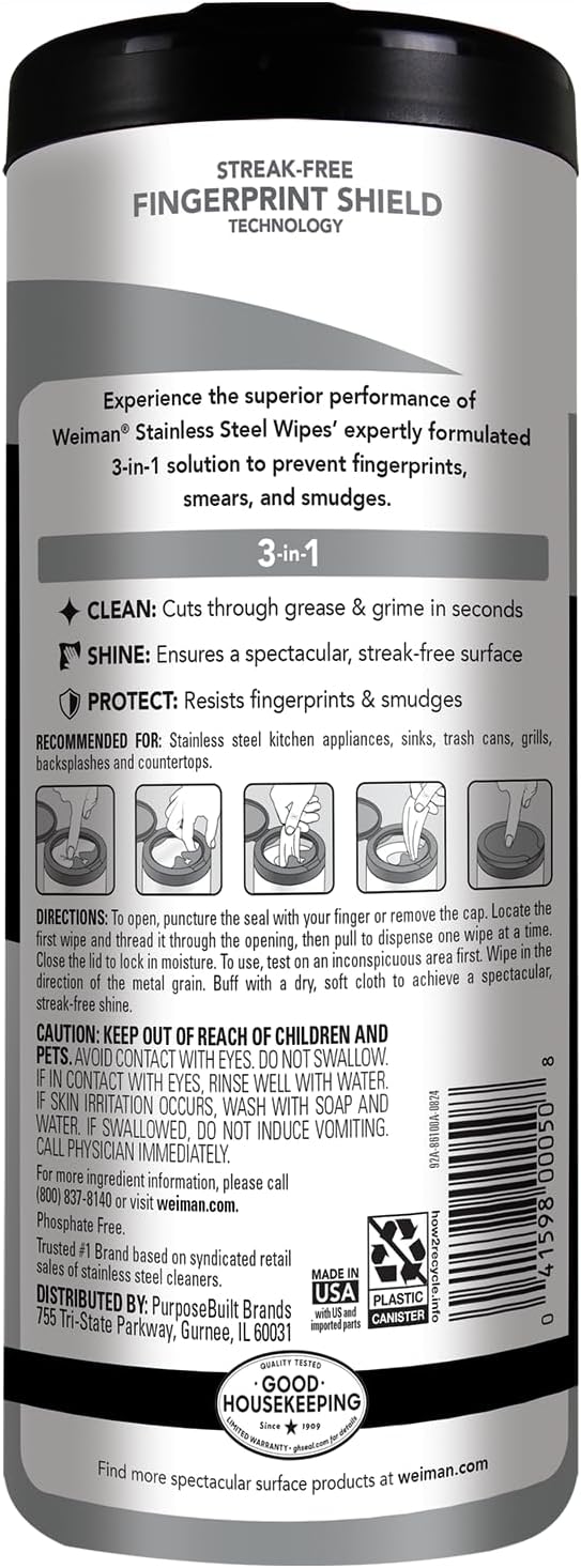 Weiman Stainless Steel Cleaner & Polisher, 30 Ct Wipes, Kitchen Appliance | Anti Fingerprint, Tetrachloroethylene (PCE) Free, Removes Water Spots & Grease, No Streaks or Residue, Metal Polish, Chrome,