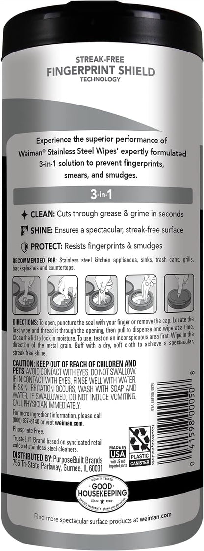 Weiman Stainless Steel Cleaner & Polisher, 30 Ct Wipes, Kitchen Appliance | Anti Fingerprint, Tetrachloroethylene (PCE) Free, Removes Water Spots & Grease, No Streaks or Residue, Metal Polish, Chrome,