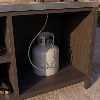 MOUMON Patio Grill Prep Table with Propane Tank Storage, Solid Cedar Patio Cabinet with Stainless Steel Top, Outdoor Cooking Station, Propane not Included, Dark Grey 51.2”W x 23.6”D x 27.6”H