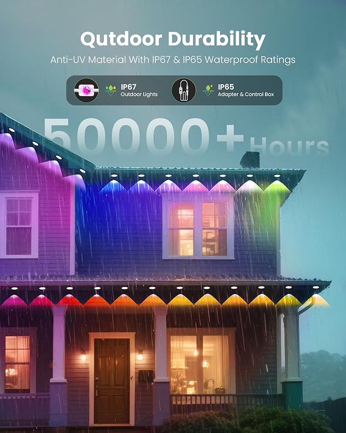 150FT Permanent Outdoor Lights for House, 24V RGB+IC Smart Outside Lights with 221 Modes, App & Remote Control, IP68 Waterproof, Year-Round Roof & Eaves Lighting for Christmas, Holidays (150FT)