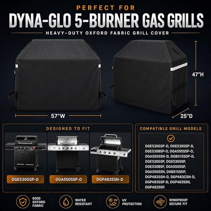 Hisencn 57 inch Grill Cover for Dyna Glo 5 Burner dgf510sbp, dgf510pbp-d, dge530bsp-d, Heavy Duty Waterproof Outdoor BBQ Cover for Dyna Glo Premium Grill, All Weather Protection, Fade and UV Resistant