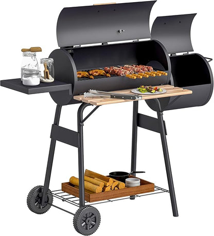 Outsunny Charcoal Grill with Offset Smoker, 231 Sq.In. Cooking Area, Barrel BBQ Grill and Smoker Combo with Side Tables, Shelf, Thermometer, Wheels for Outdoor Patio Backyard Party Event Gathering