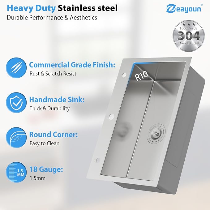 28 Inch Drop In Kitchen Sink 28 x 18 Kitchen Sink 18 Gauge Stainless Steel Single Bowl Topmount Handmade Sink, 28x18x9