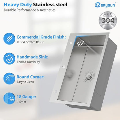 28 Inch Drop In Kitchen Sink 28 x 18 Kitchen Sink 18 Gauge Stainless Steel Single Bowl Topmount Handmade Sink, 28x18x9