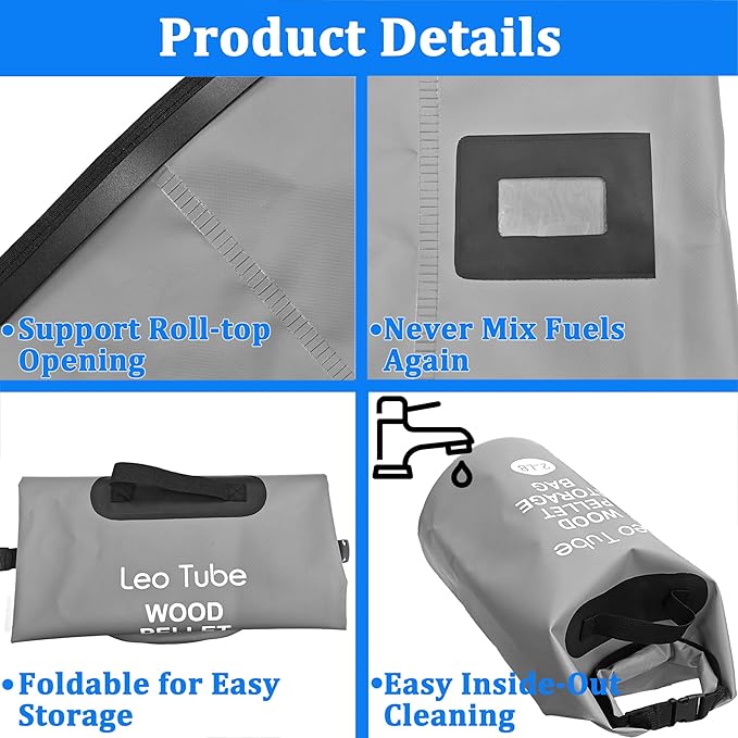 Heavy-Duty Wood Pellet Storage Bag, 20LB Waterproof Smoker Bag - 500D PVC Outdoor Storage Container with Buckle Seal, Label Pocket & Handles for BBQ, Grill, Pellet Smoker (Grey)
