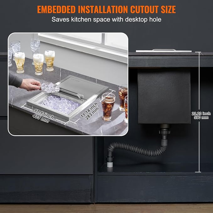 VEVOR Drop in Ice Chest, 18"L x 12"W x 14.5"H Stainless Steel Ice Cooler, Commercial Ice Bin with Sliding Cover, 40.9 qt Outdoor Kitchen Ice Bar, Drain-pipe and Drain Plug Included, for Cold Wine Beer | Commercial Ice Bin for Cold Wine Beer, 40.9 qt Ou...