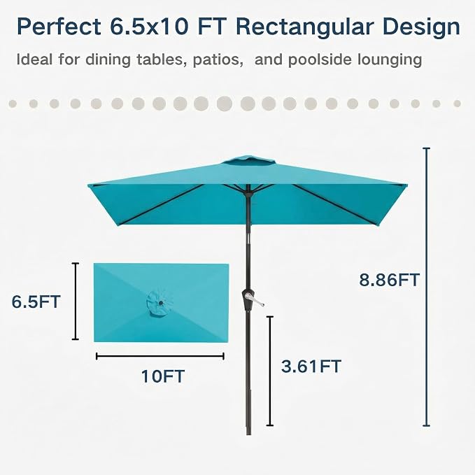 6.5' x 10' Rectangular Patio Umbrella Large Outdoor Market Umbrella w/UV Protection, Push Button Tilt and Crank Lift, Rectangle Table Umbrella for Garden, Deck, Pool, Patio, Sky Blue