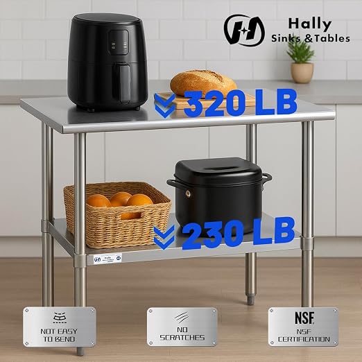 Hally Stainless Steel Table 30 x 15 Inches, NSF Commercial Side Table | Space-saving, sturdy surface for cafes and food trucks; adjustable undershelf, leveling feet, narrow kitchen station.