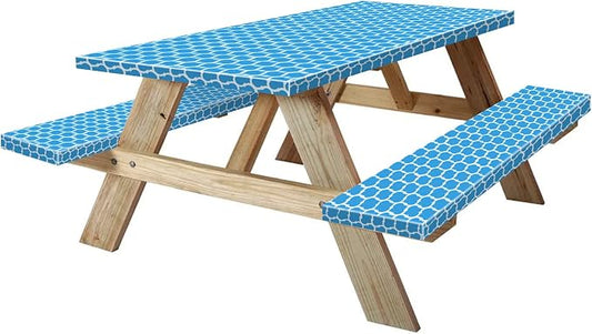 6ft 72in Picnic Table and Bench Cover, 3 Pack, Blue-White Moroccan | Waterproof, Windproof, Elastic Fitted Edges Tablecloth, for Rectangle Table & Seat, Camping Essentials RV Gear