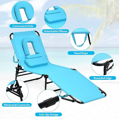 Folding Beach Lounge Chair w/ 5 Adjutable Backrest & Padded Pillow, Sunbathing Lounger Chair, Sun Tanning Lay Flat Chair for Seaside Pool Deck, Max Load 330 LBS, No Assembly Required (Navy)