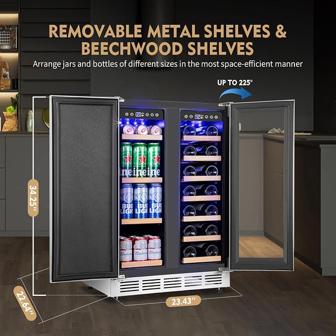 ORYMUSE Wine and Beverage Refrigerator Dual Zone, 24" Undercounter Beverage Fridge for Soda, Water and Beer, Built-in/Freestanding, Holds 20 Bottles & 88 Cans, Stainless Steel
