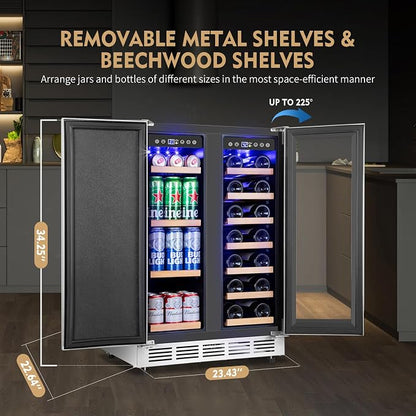 ORYMUSE Wine and Beverage Refrigerator Dual Zone, 24" Undercounter Beverage Fridge for Soda, Water and Beer, Built-in/Freestanding, Holds 20 Bottles & 88 Cans, Stainless Steel