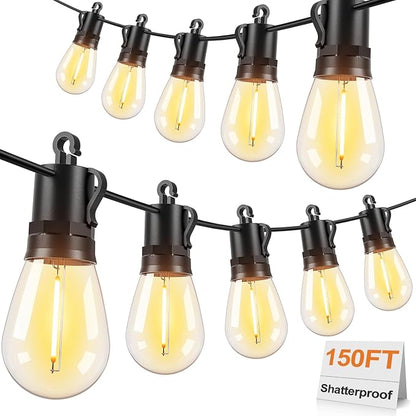 Brightever 150FT LED Outdoor String Lights for Patio Decor | Outside Hanging Lights with 47 Shatterproof S14 Vintage Edison Bulbs(2 Spare), Waterproof 2700K Dimmable